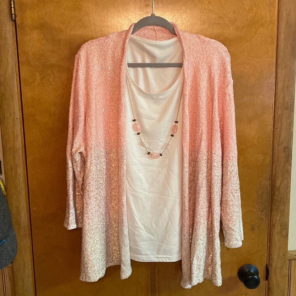 Womens dressy shell with attached necklace and cardigan with sequins